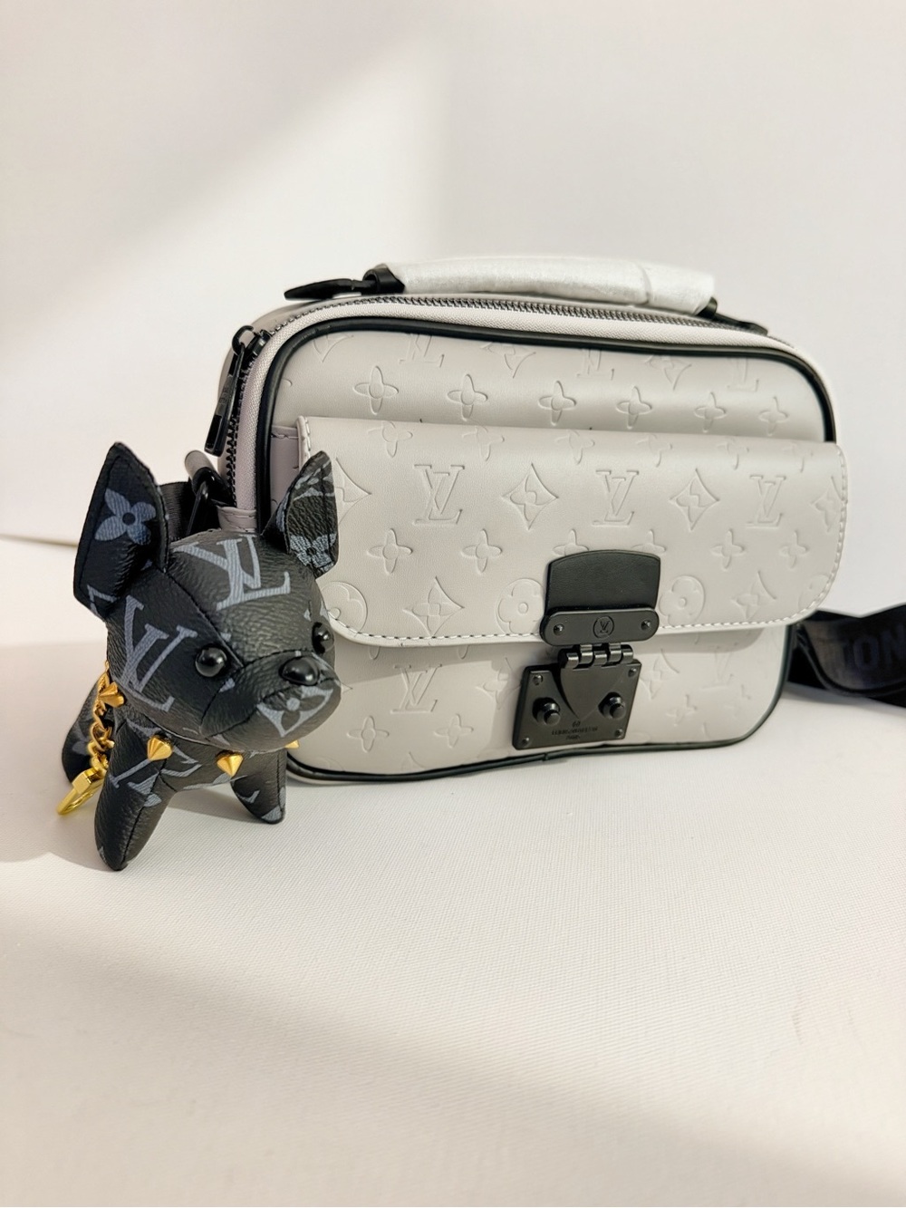 Grey Embossed Camera Bag with Black Hardware